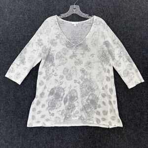 Pure Jill Sweater Tunic Women's Small White Gray Floral Linen Blend V Neck Knit